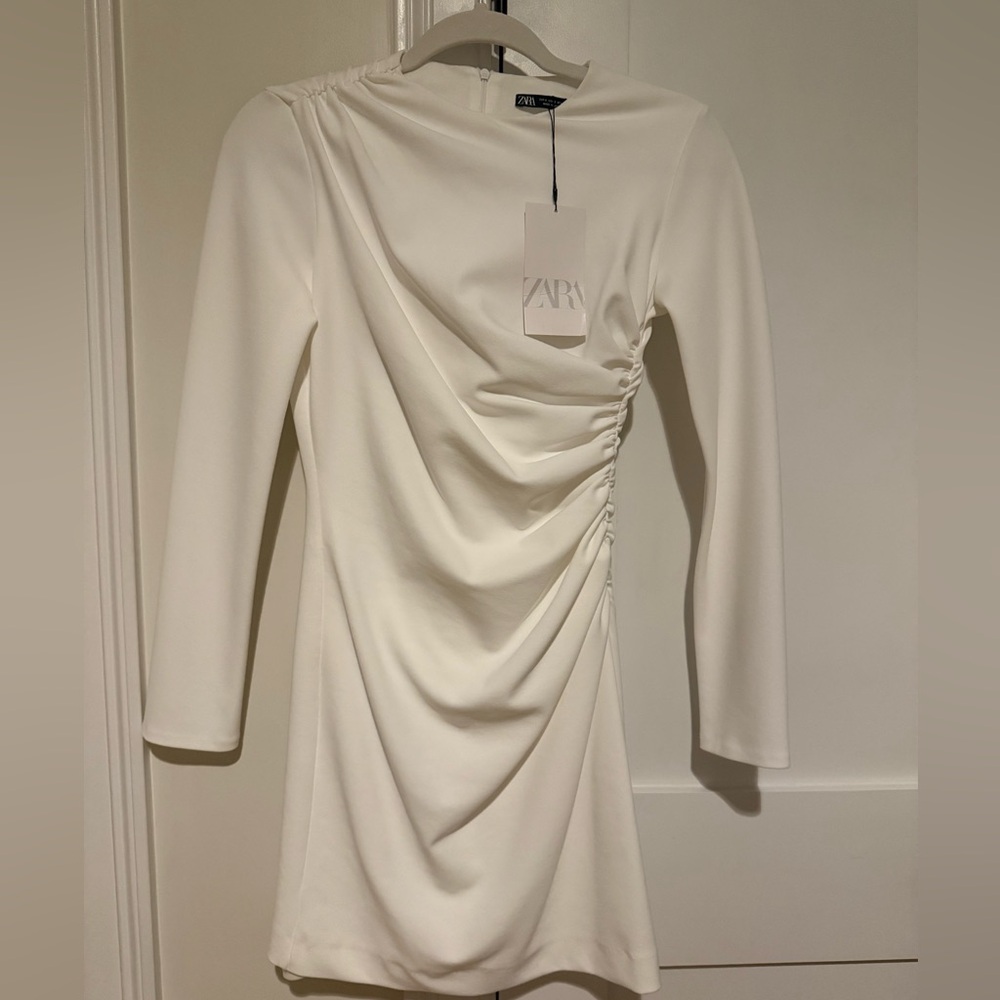 Zara Cream Ruched Sheath Dress with Bateau Neckline